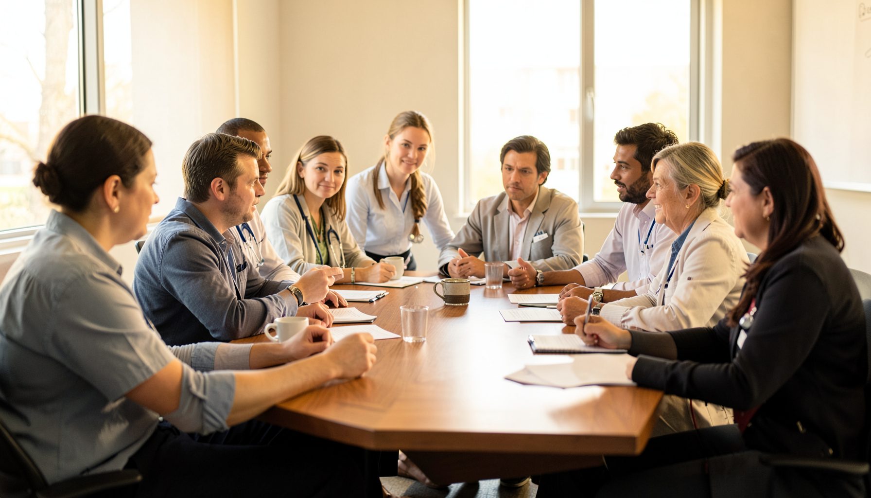 A wide shot of a diverse group of healthcare professionals and advocates gathered around a conference table, deep in discussion