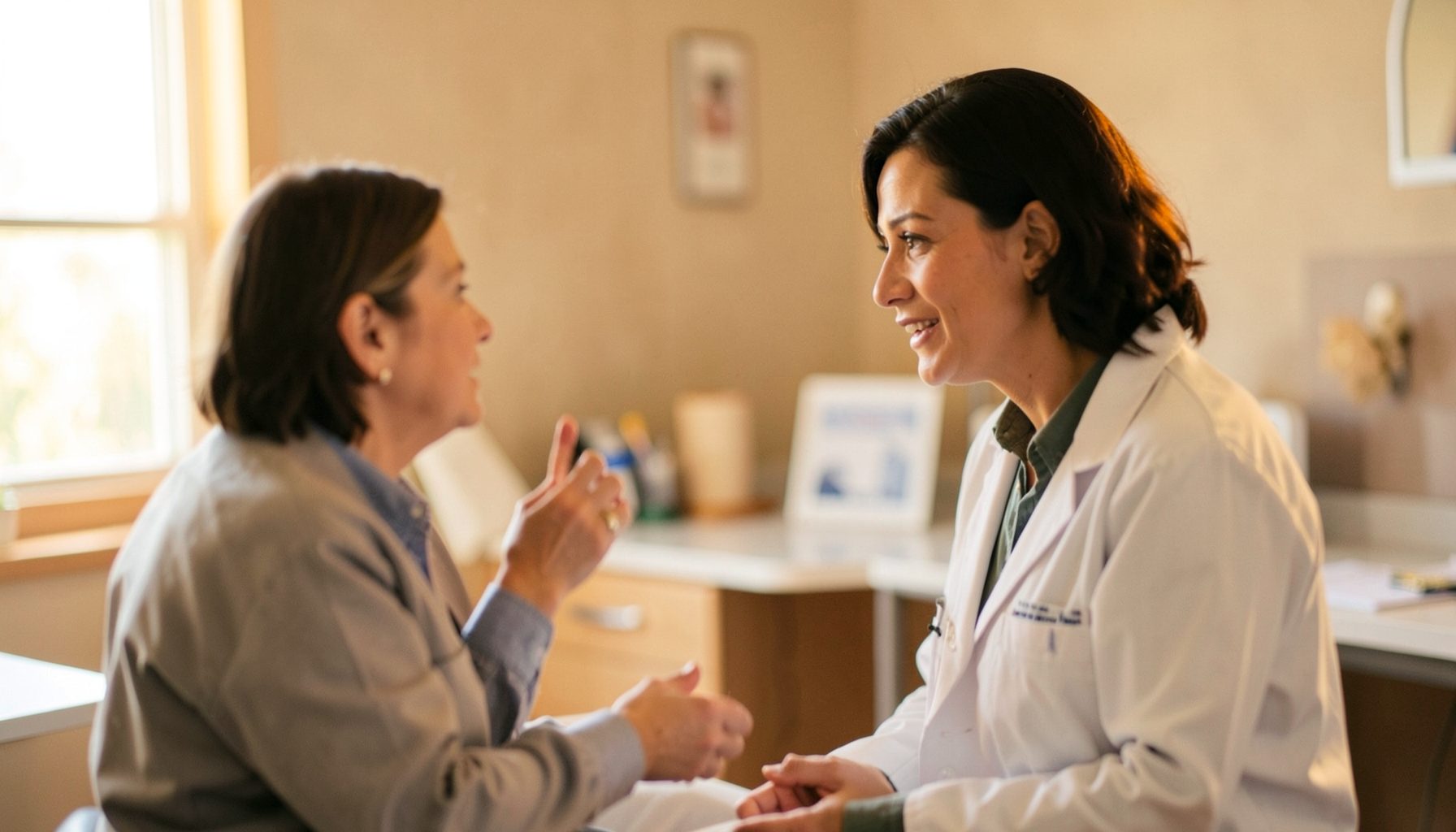 Soft-focus photograph of a physician speaking with a patient in a sunlit exam room, warm earth tones and gentle natural light