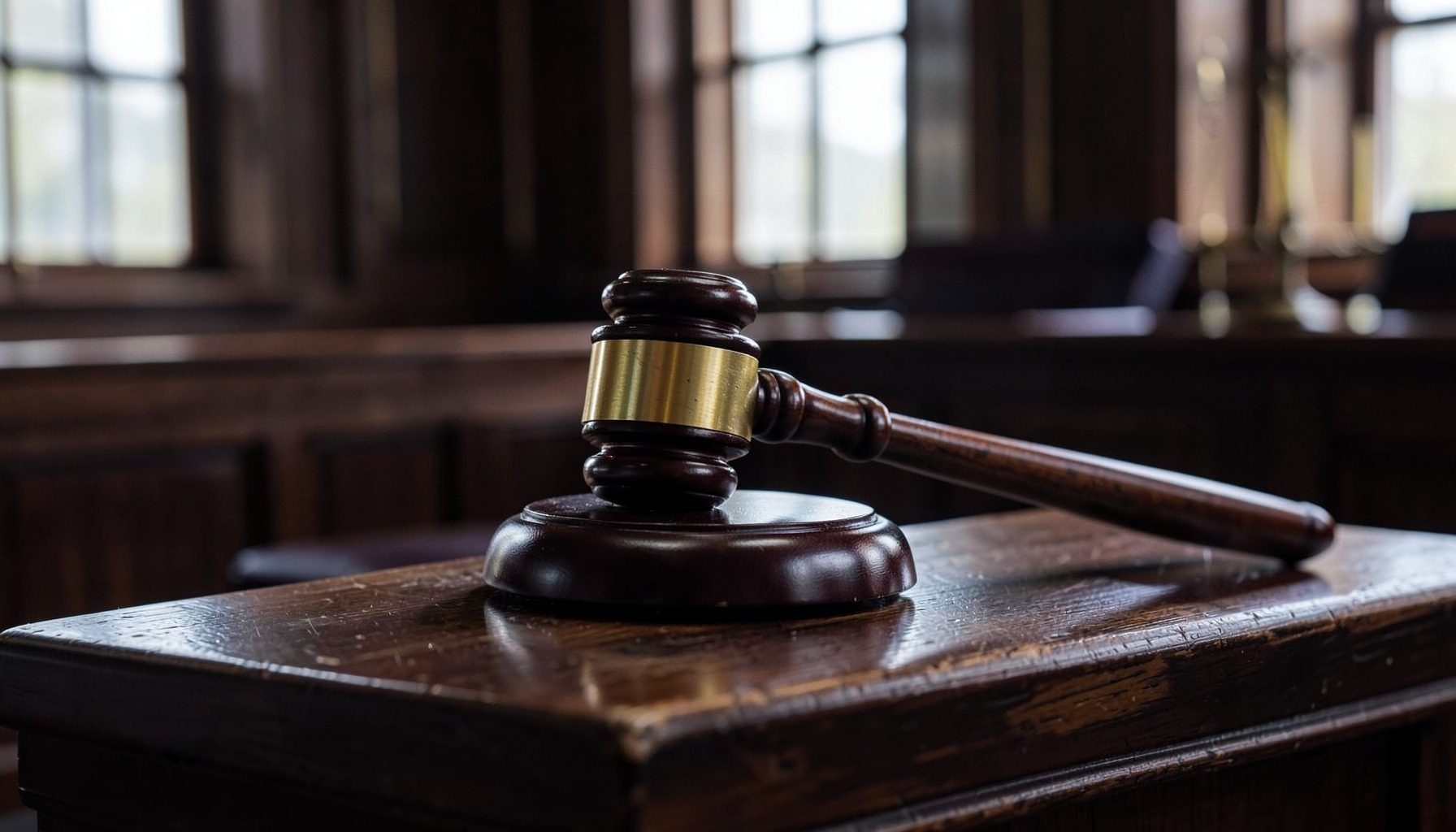 Gavel on a dark wooden bench in a courtroom setting, suggesting legal proceedings
