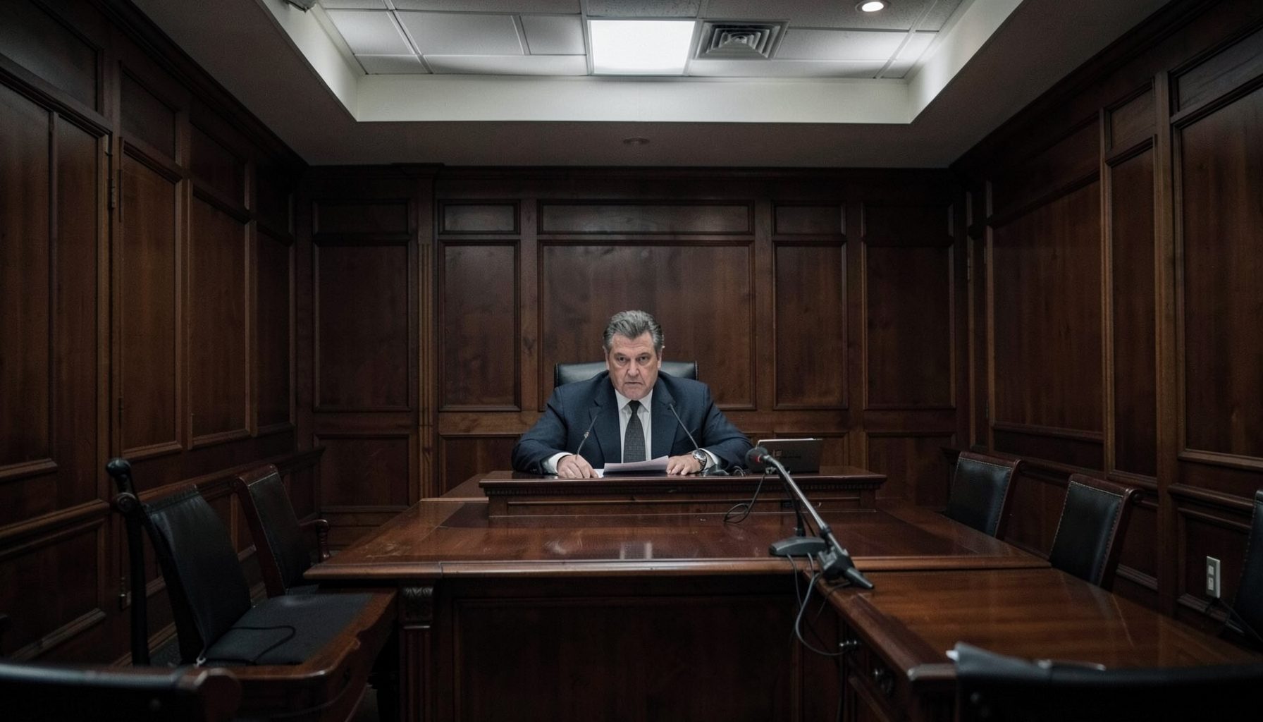 A formal courtroom interior with dark wood paneling and subdued lighting, conveying legal gravity and the pursuit of justice
