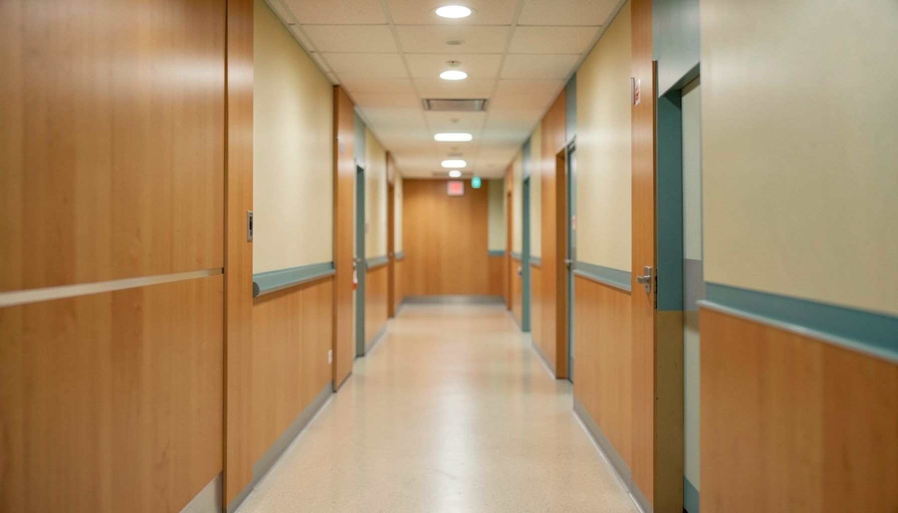 A softly lit clinical hallway with warm wood tones and muted teal accents, conveying a calm but serious healthcare atmosphere