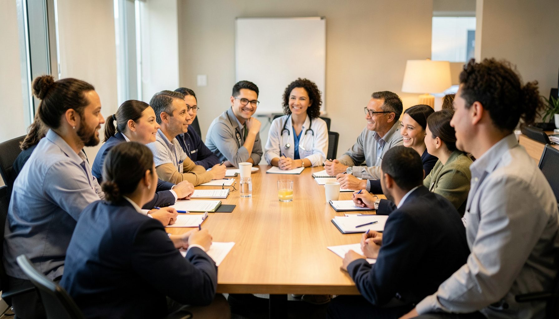 A wide shot of a diverse group of healthcare professionals and advocates gathered around a conference table, deep in discussion, with warm professional lighting and a collaborative atmosphere