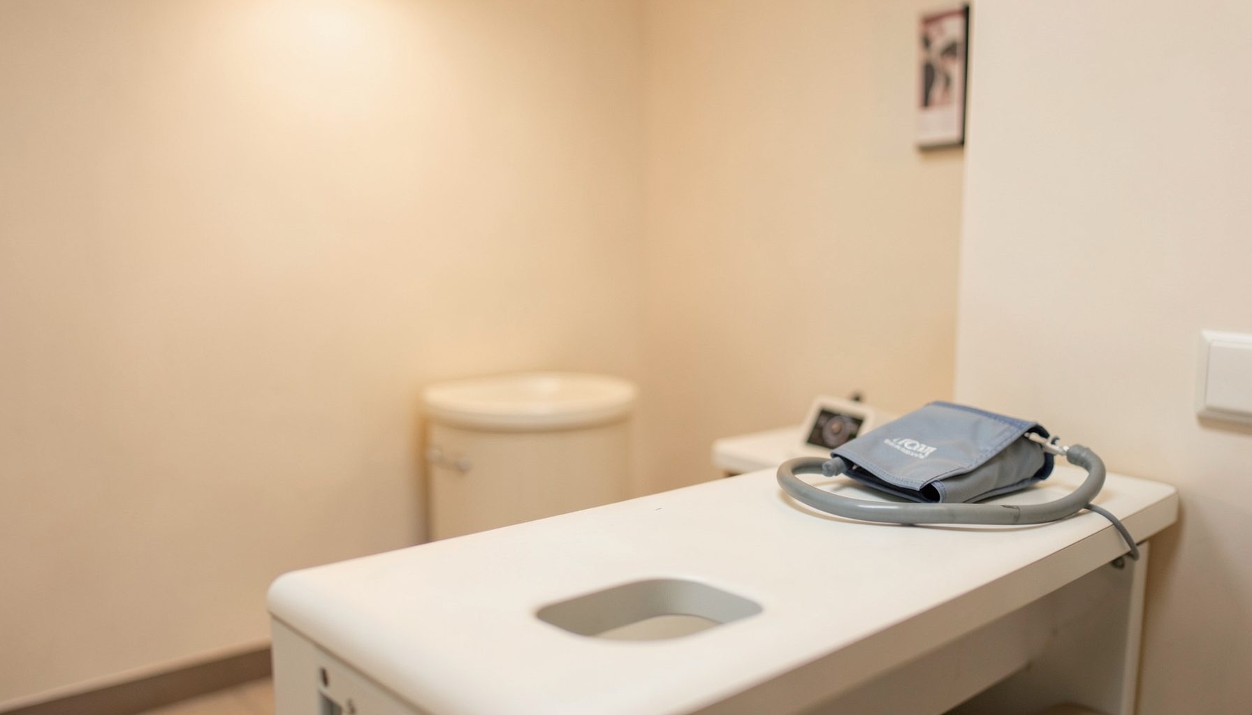A softly lit doctor's consultation room with a blood pressure cuff on a desk, warm beige and white tones, calm and reassuring mood