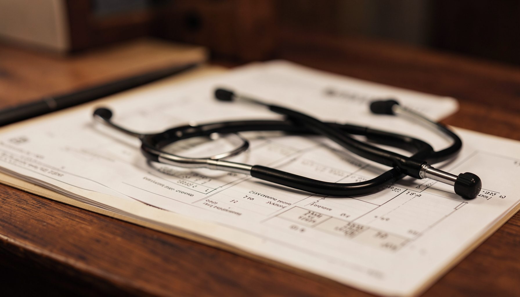 Warm-toned photograph of a stethoscope resting on a wooden desk beside medical charts, conveying a serious healthcare setting