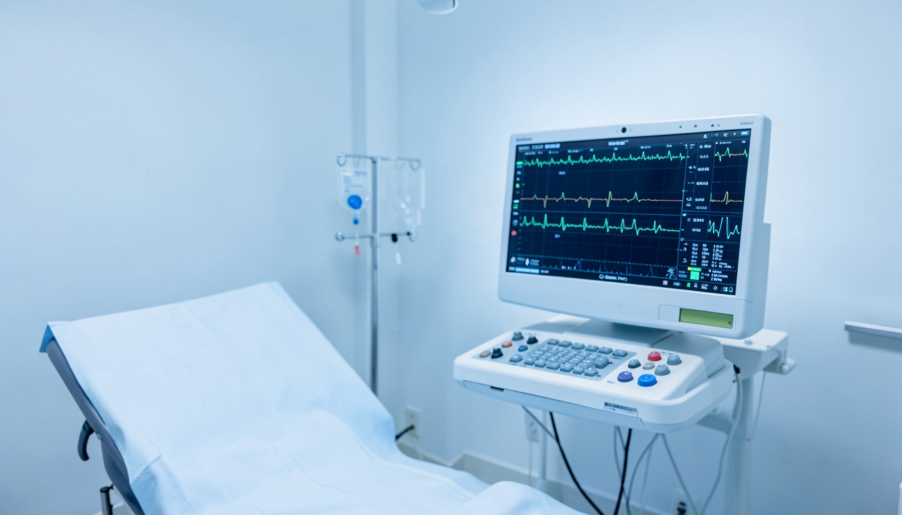 A cardiology practice setting with a clean examination room and diagnostic monitor displaying a heart rhythm strip, bathed in cool clinical light