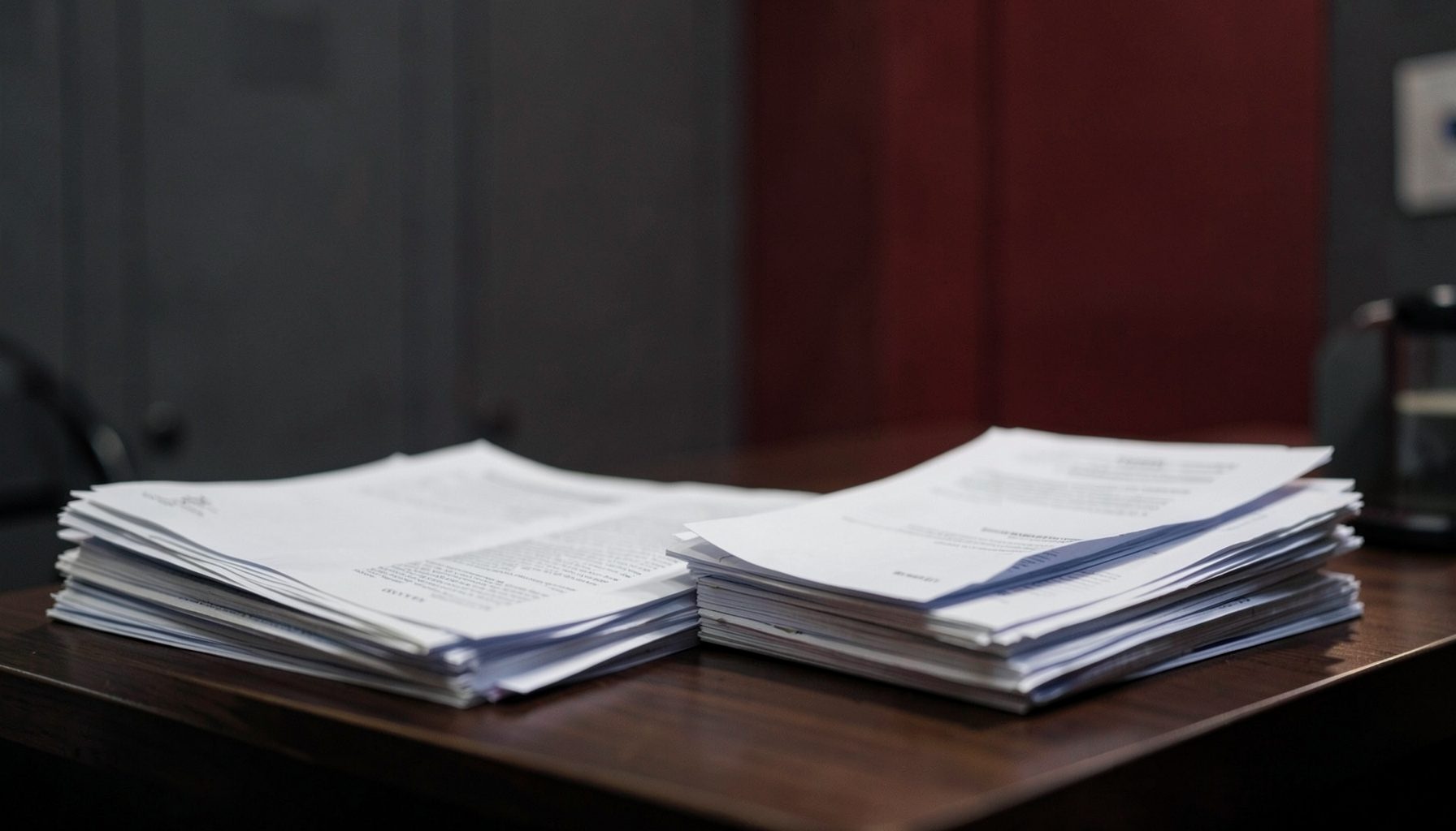 A newsroom desk with stacked papers and a muted red accent, conveying urgency and professional advocacy in deep grays and warm highlights